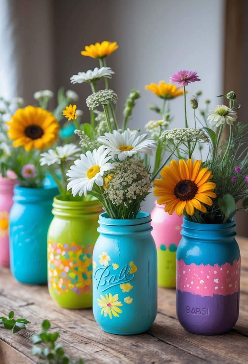 A group of painted mason jar vases filled with fresh flowers arranged on a wooden table.