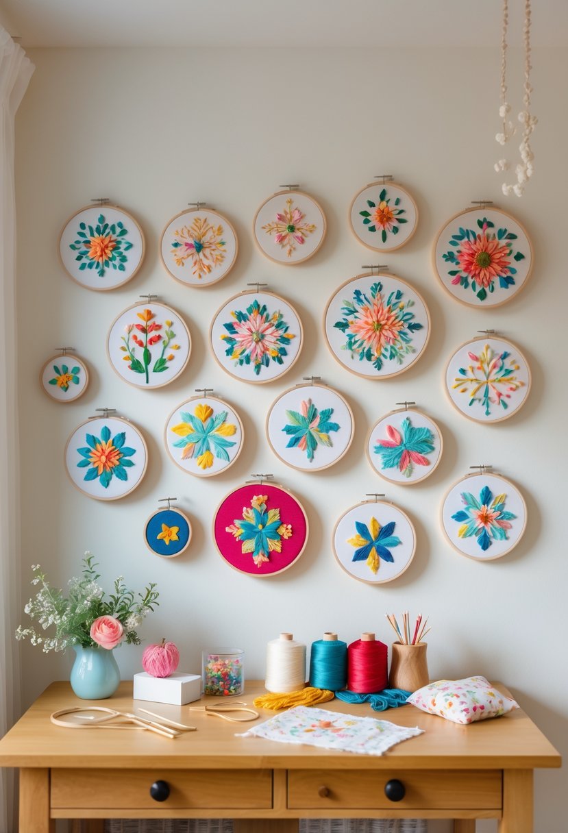 A craft room with embroidery hoops displaying colorful stitched designs on the wall above a table with embroidery supplies.