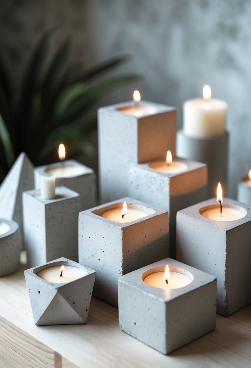 A group of concrete geometric candle holders with small candles on a wooden surface, some candles are lit.
