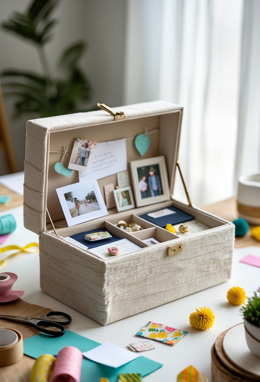 An open fabric-covered memory box on a wooden table surrounded by crafting materials and keepsakes.