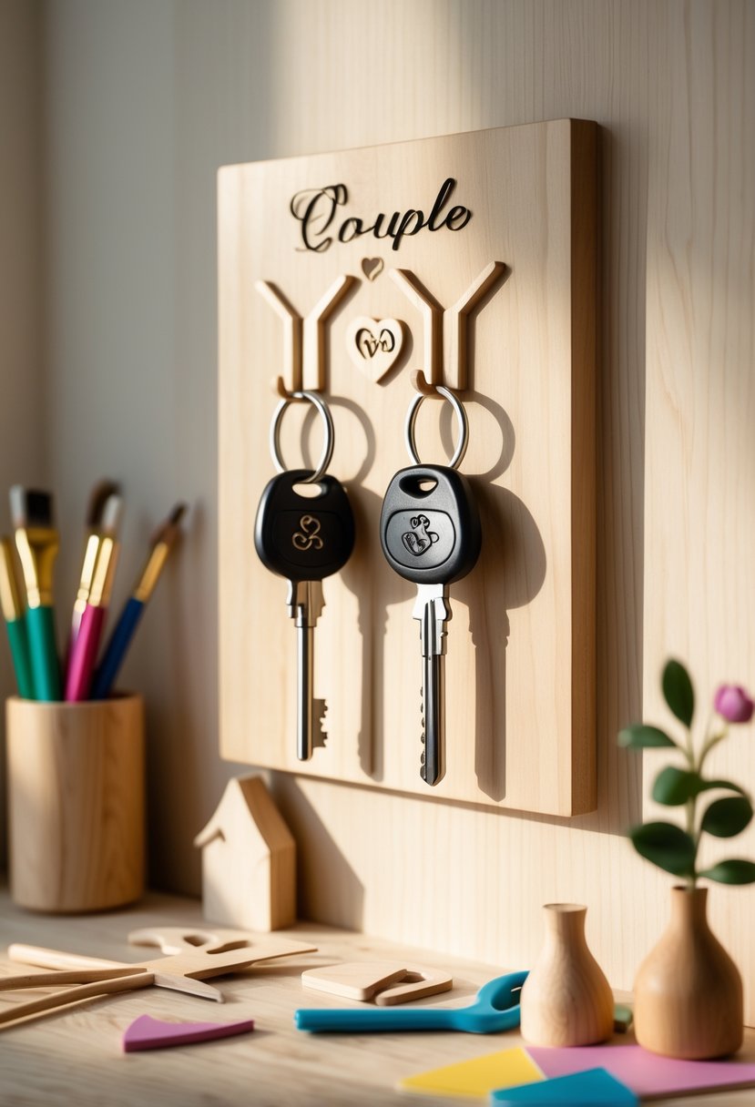 A personalized couples key holder with two sets of keys hanging on a wooden wall surrounded by craft supplies.