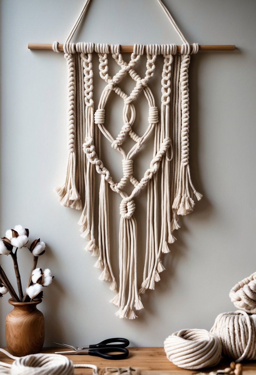 A macrame wall hanging displayed on a neutral wall with crafting tools on a nearby wooden table.