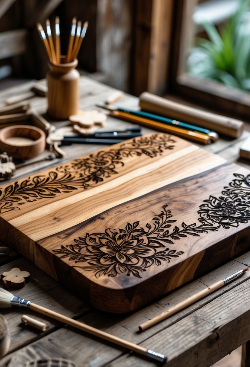 A wood burned cutting board on a wooden table surrounded by DIY craft tools.
