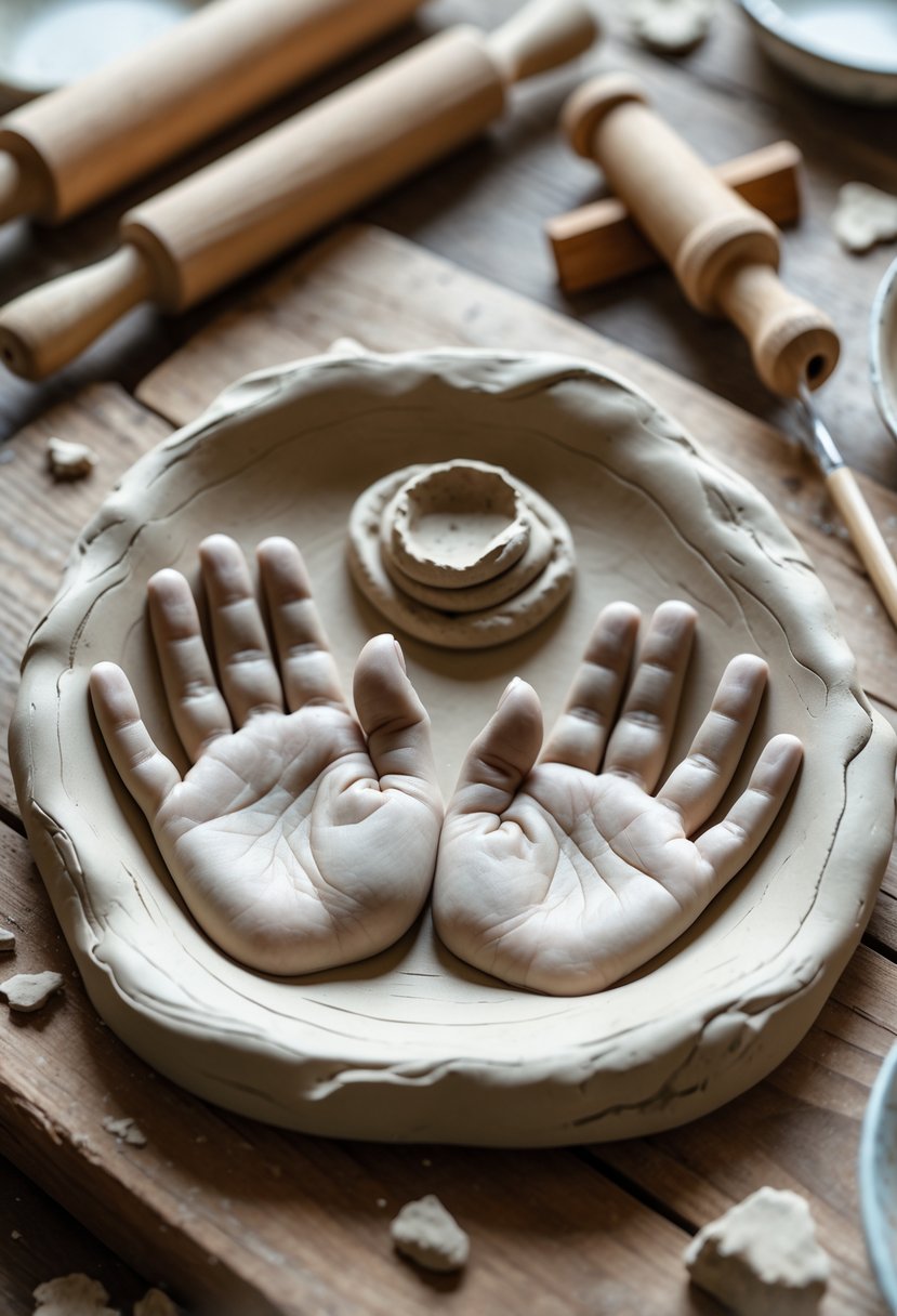 A clay handprint keepsake with two intertwined handprints resting on a wooden table surrounded by craft materials.