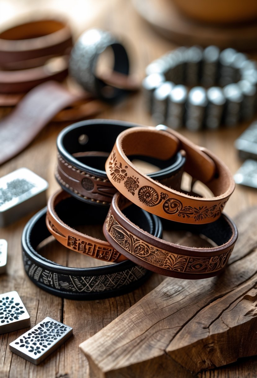 A collection of stamped leather bracelets with intricate designs displayed on a wooden surface alongside craft tools.