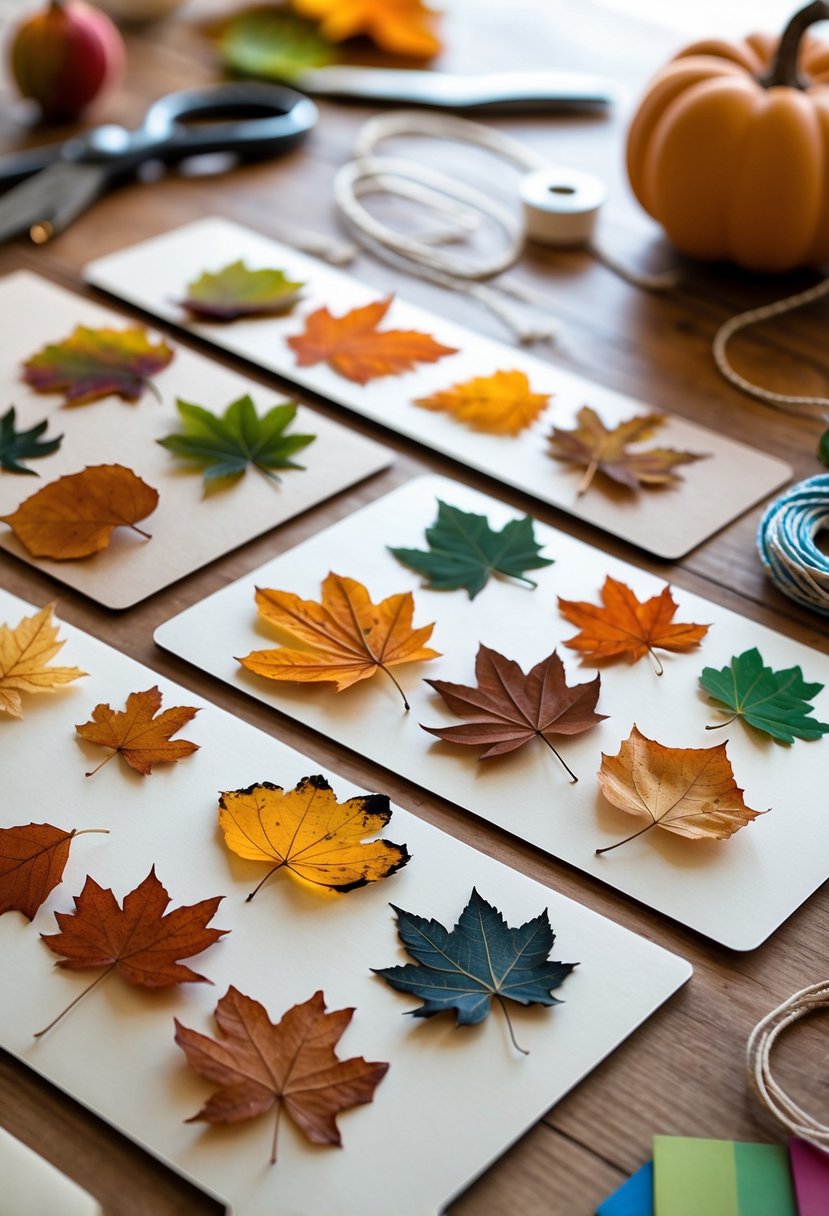 A collection of pressed leaf bookmarks and craft supplies arranged on a wooden table.