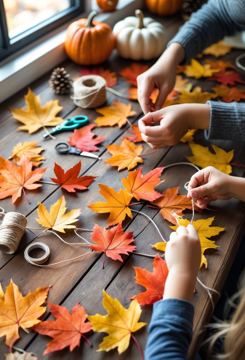 Hands of adults and children making a colorful fall leaf garland on a wooden table with autumn leaves and crafting supplies.