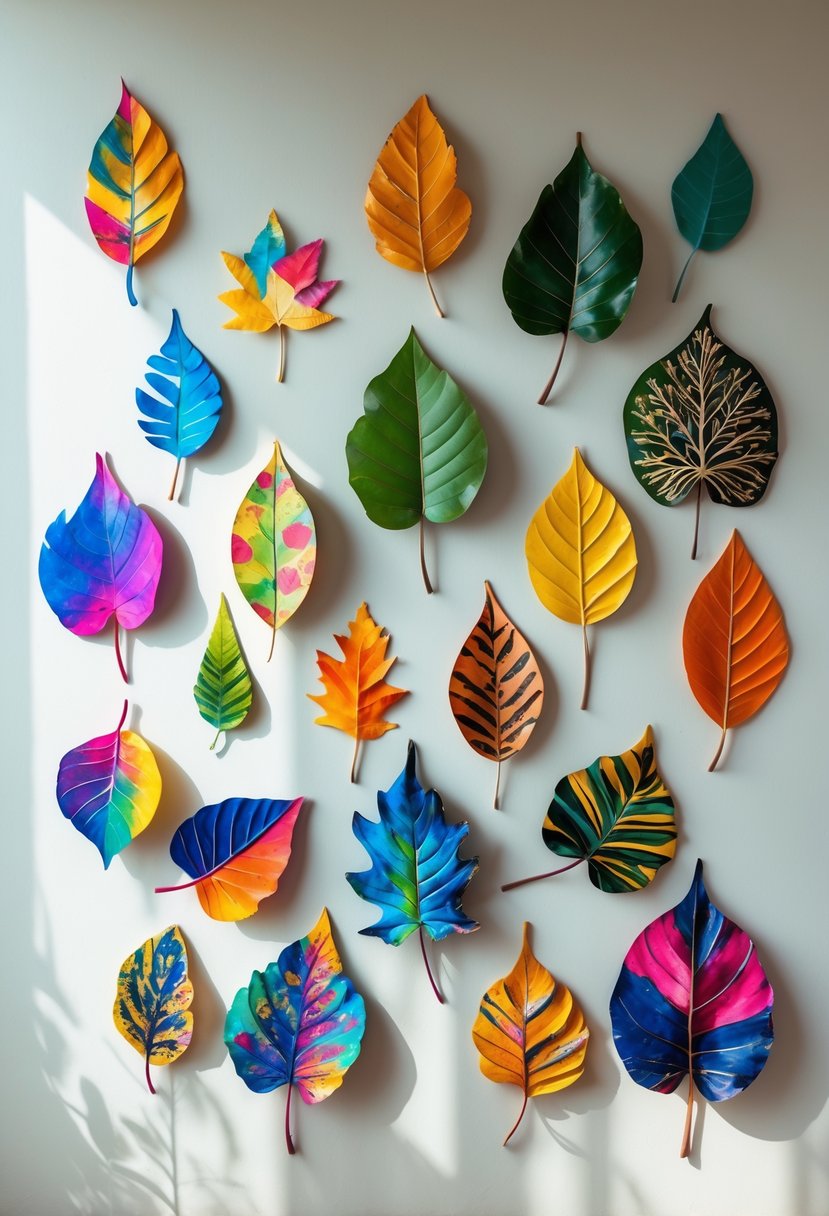 A collection of various painted leaves arranged on a wall, displaying colorful and creative designs.