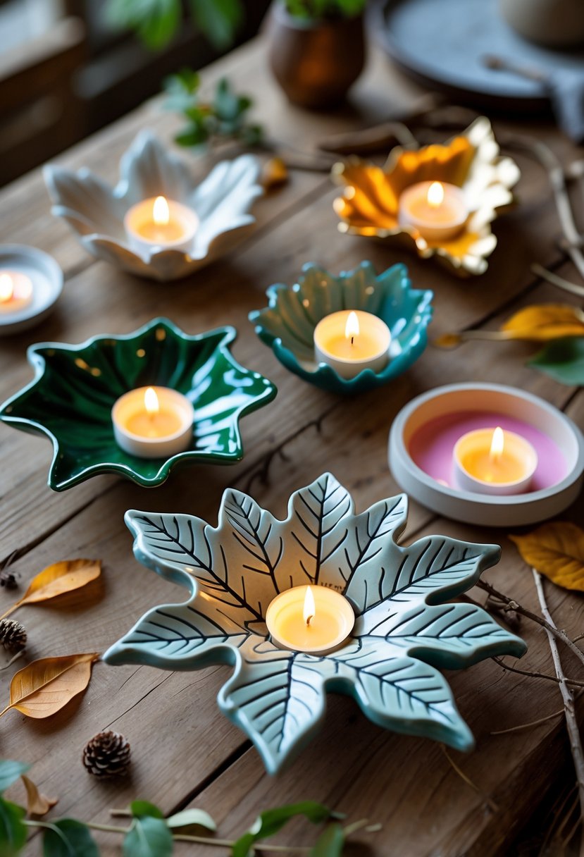 A collection of leaf-shaped candle holders glowing with candlelight on a wooden surface surrounded by dried leaves and crafting materials.