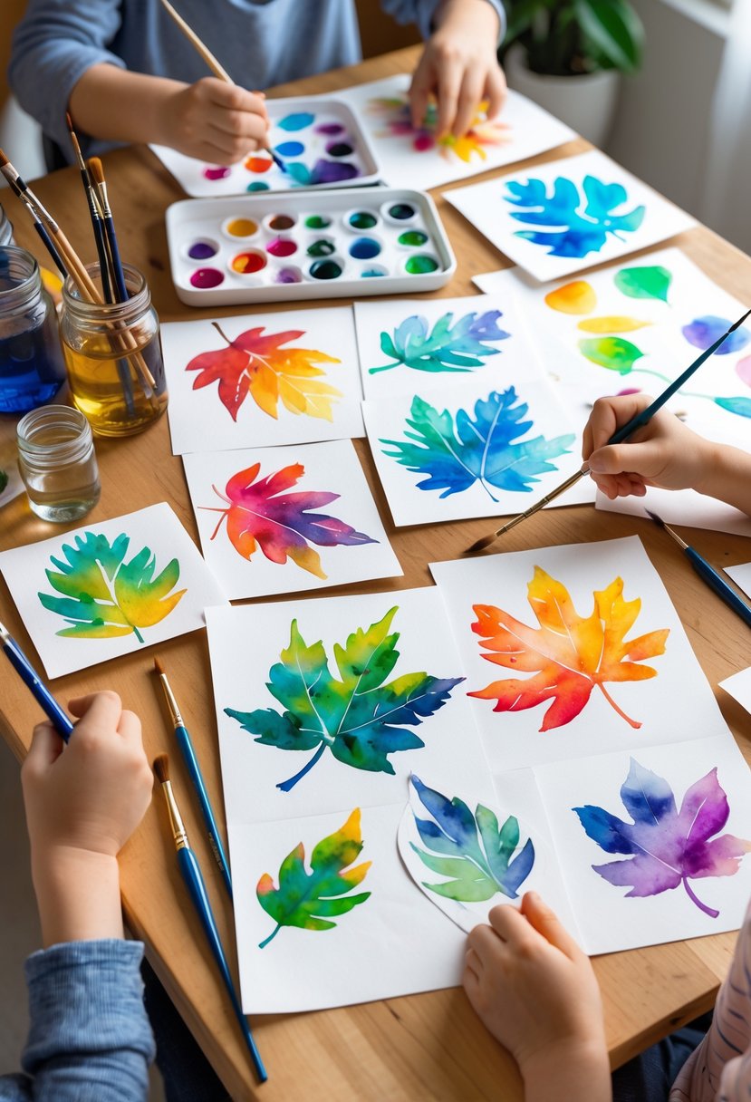 Hands of adults and children painting colorful leaf designs with watercolor paints on a wooden table surrounded by art supplies.