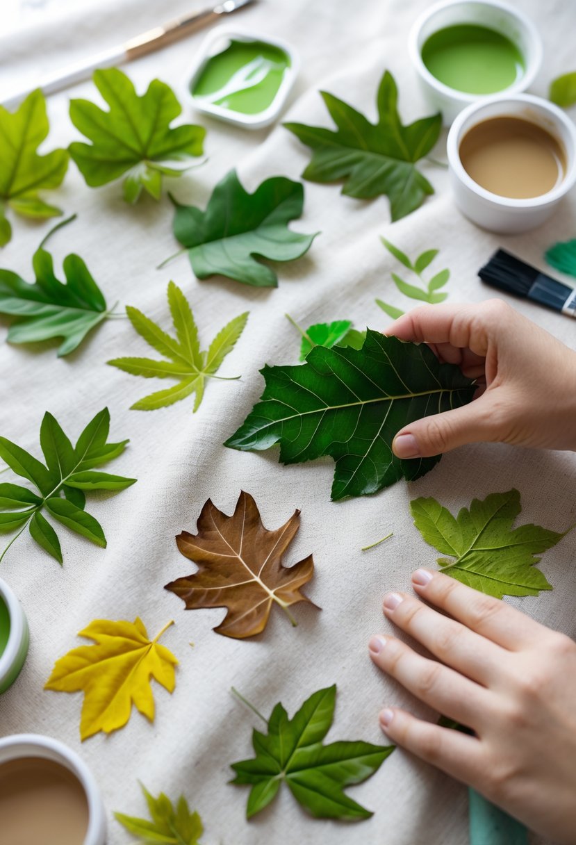 A hand pressing a green leaf onto fabric to create a leaf print, surrounded by leaves and fabric paint on a light surface.