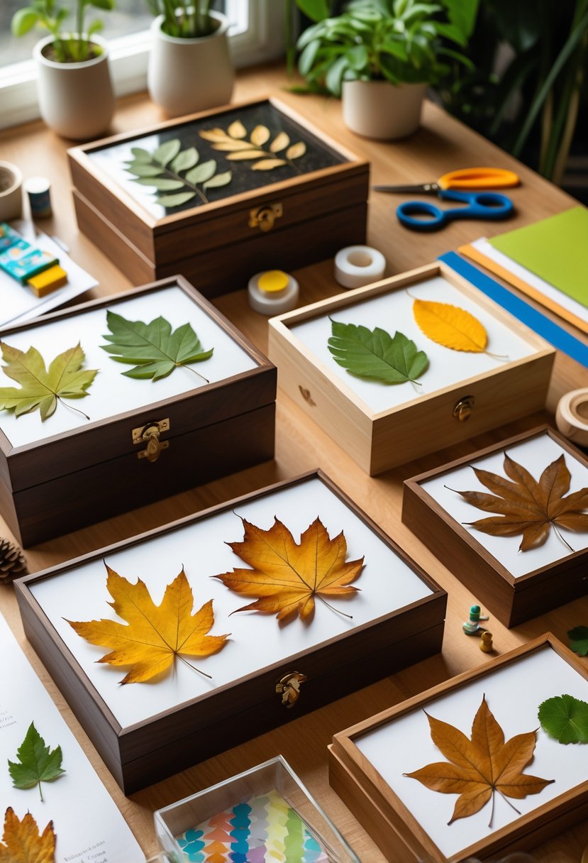 A wooden table with pressed leaf memory boxes and craft supplies arranged for a leaf craft project.