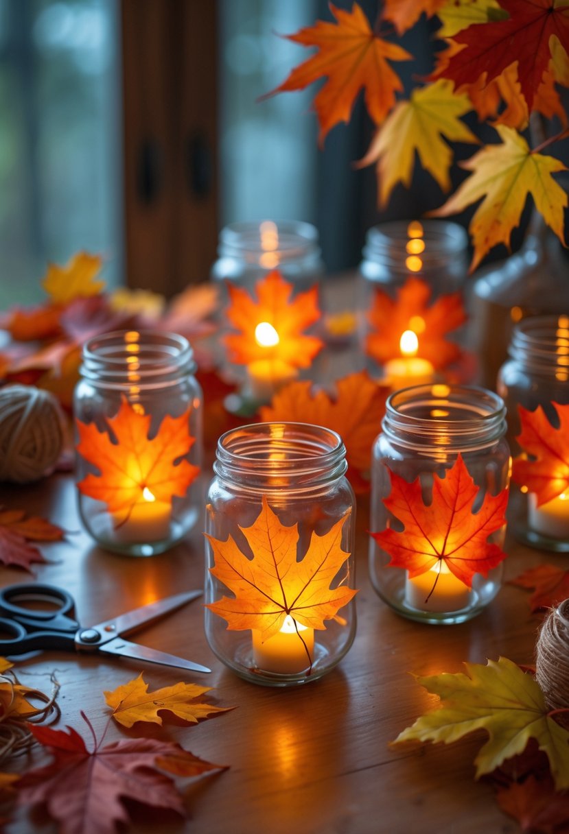 Glass lantern jars decorated with colorful maple leaves glowing with candlelight on a wooden table surrounded by autumn leaves and craft supplies.