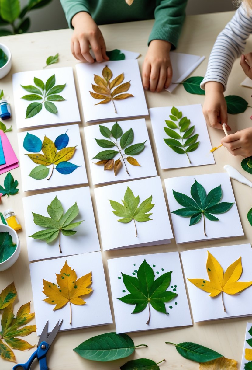 A table with leaf-themed greeting cards and craft supplies, with adult and child hands making the cards.