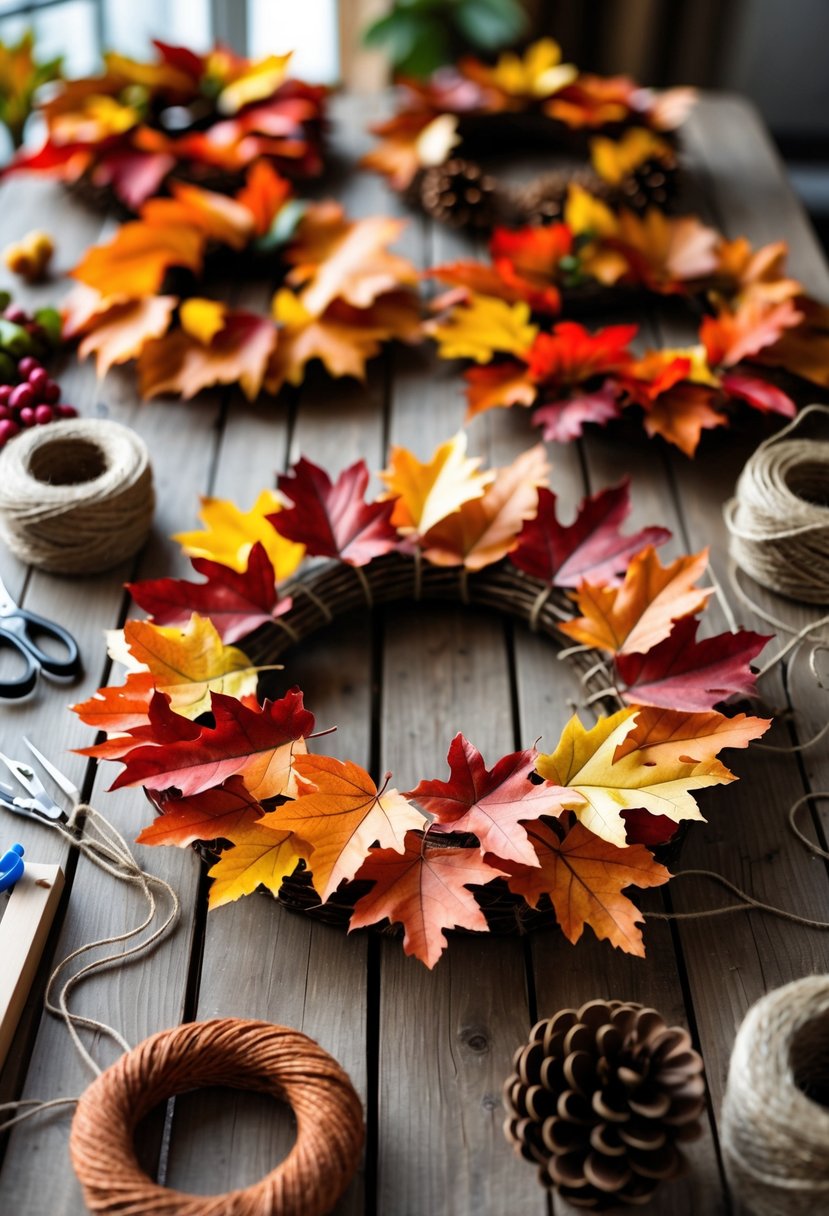 A collection of colorful autumn leaf wreaths on a wooden table surrounded by crafting materials like twine, scissors, and pine cones.