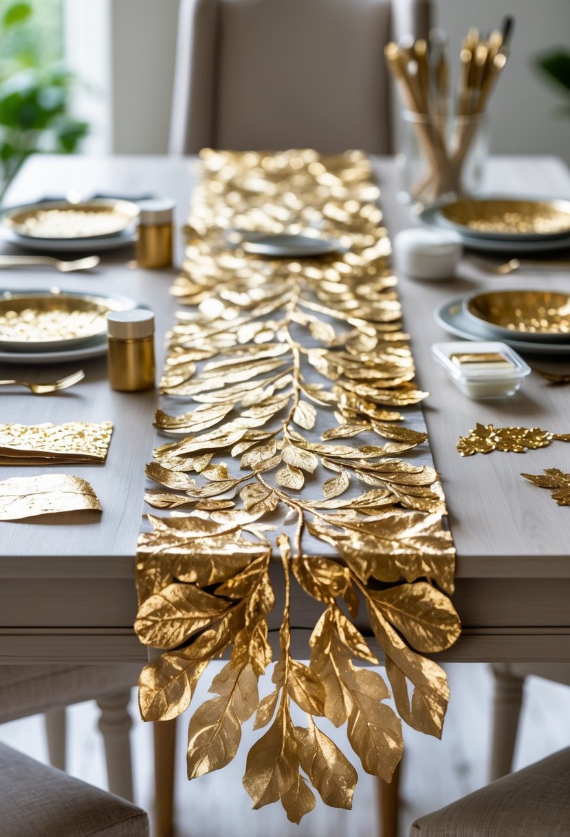 A dining table with gold leaf table runners and craft materials like gold leaf sheets, brushes, and scissors arranged on it.