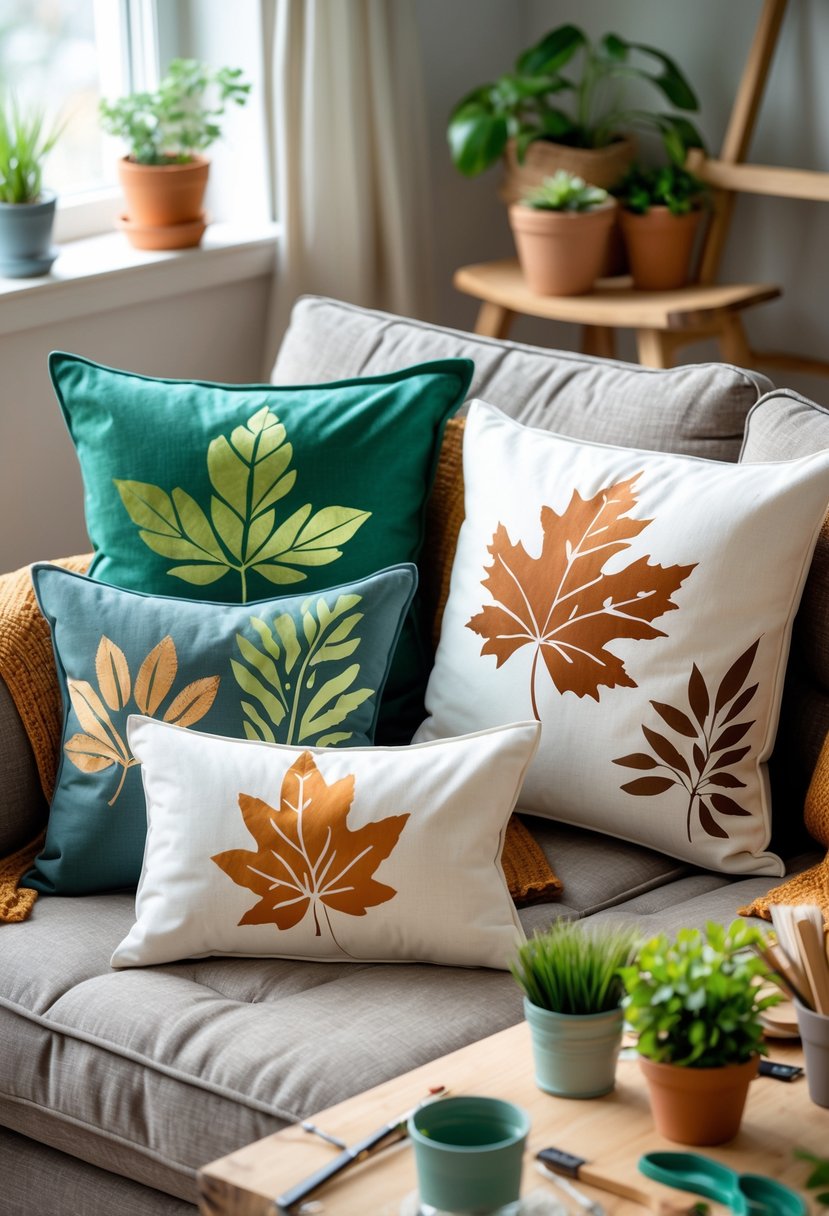 Decorative pillows with leaf stencil designs arranged on a sofa and bench surrounded by craft supplies and plants.