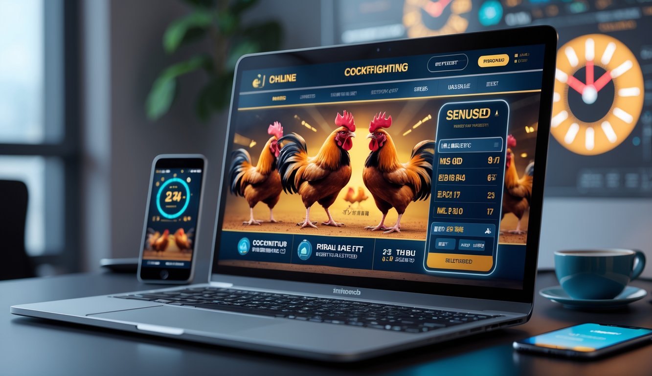 Seseorang menggunakan komputer dengan tampilan situs sabung ayam online yang menampilkan ayam jantan sedang bertarung dan ikon jam 24 jam di meja kerja.