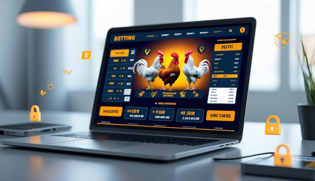 Sebuah ruang kerja modern dengan laptop yang menampilkan situs taruhan sabung ayam, dikelilingi oleh simbol keamanan dan suasana profesional.