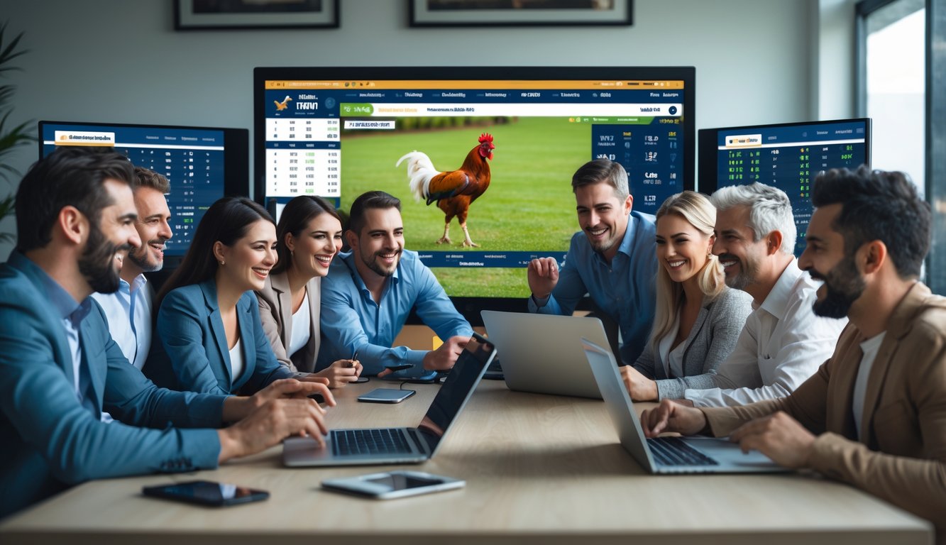 Sekelompok orang menikmati taruhan sabung ayam secara online di sebuah ruangan dengan layar komputer besar yang menampilkan pertandingan sabung ayam.