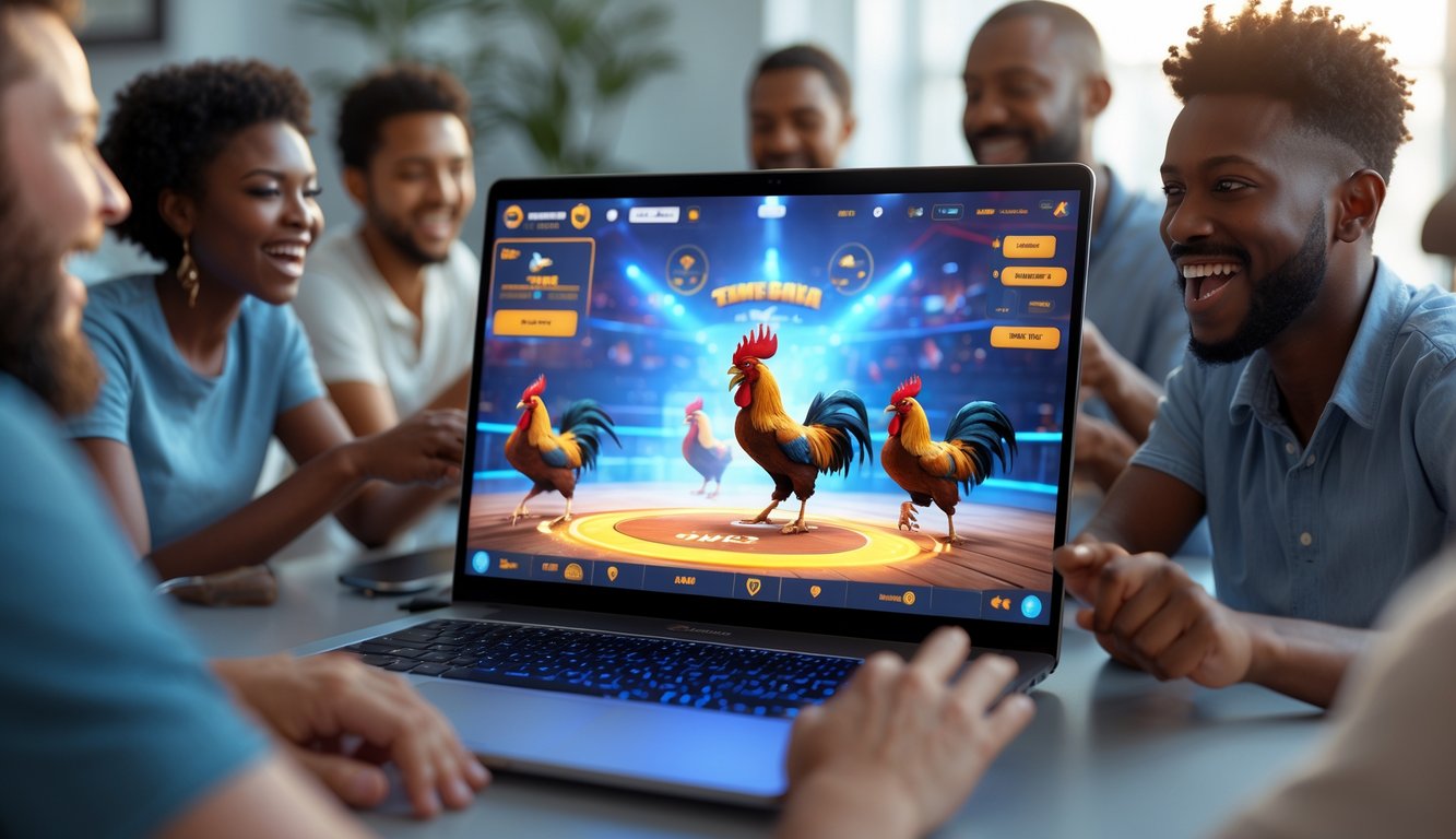 Orang-orang sedang bermain permainan sabung ayam online di depan komputer dalam ruangan modern.