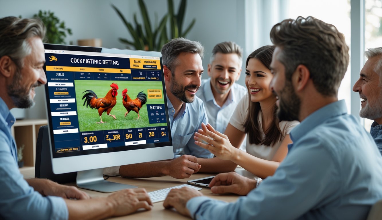Orang-orang sedang menggunakan komputer untuk bertaruh dalam pertandingan sabung ayam secara online di ruangan yang terang dan nyaman.