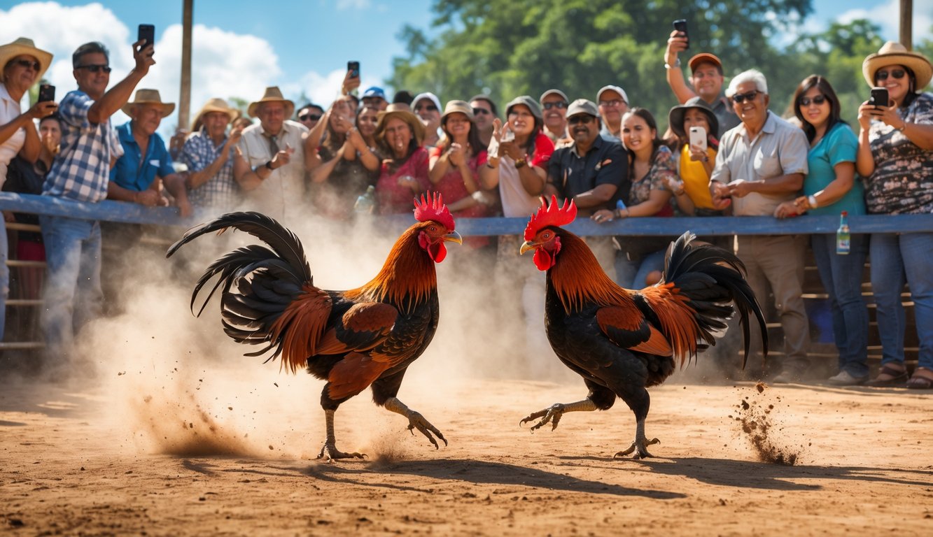 Dua ayam jago sedang bertarung di arena terbuka dengan penonton yang antusias menyaksikan di sekeliling.