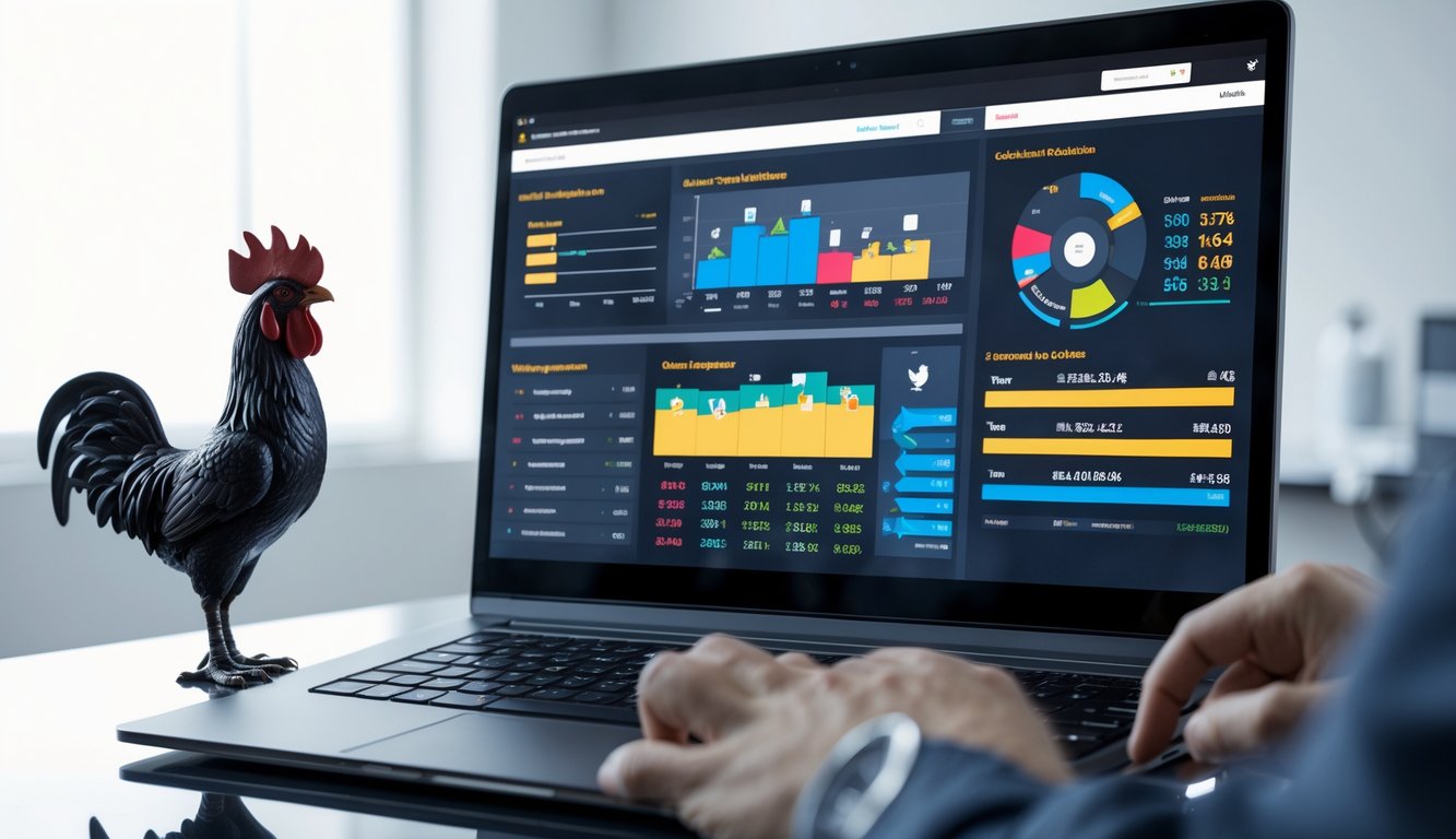 Seseorang menggunakan komputer dengan layar menampilkan grafik dan data statistik tentang sabung ayam online.