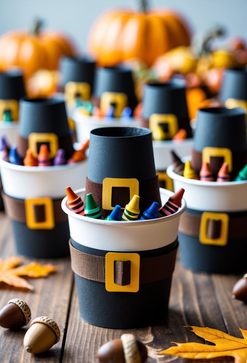Paper cup Pilgrim hat crayon holders filled with crayons arranged on a wooden table with autumn decorations.