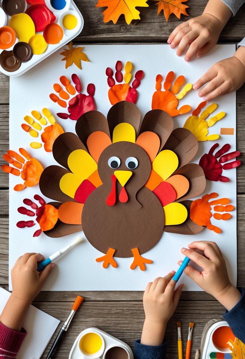 Colorful turkey handprint crafts made with autumn colors displayed on a wooden surface with craft supplies and hands working on them.