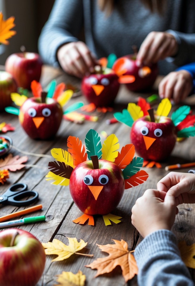 A table with handmade apple turkey decorations surrounded by craft supplies and hands of adults and children working on them.