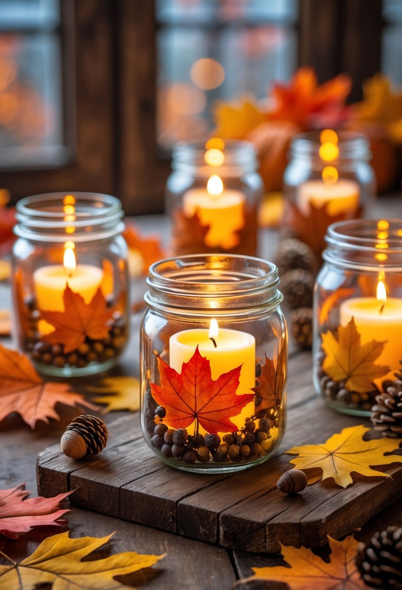 Mason jars with lit candles surrounded by colorful fall leaves on a wooden table.