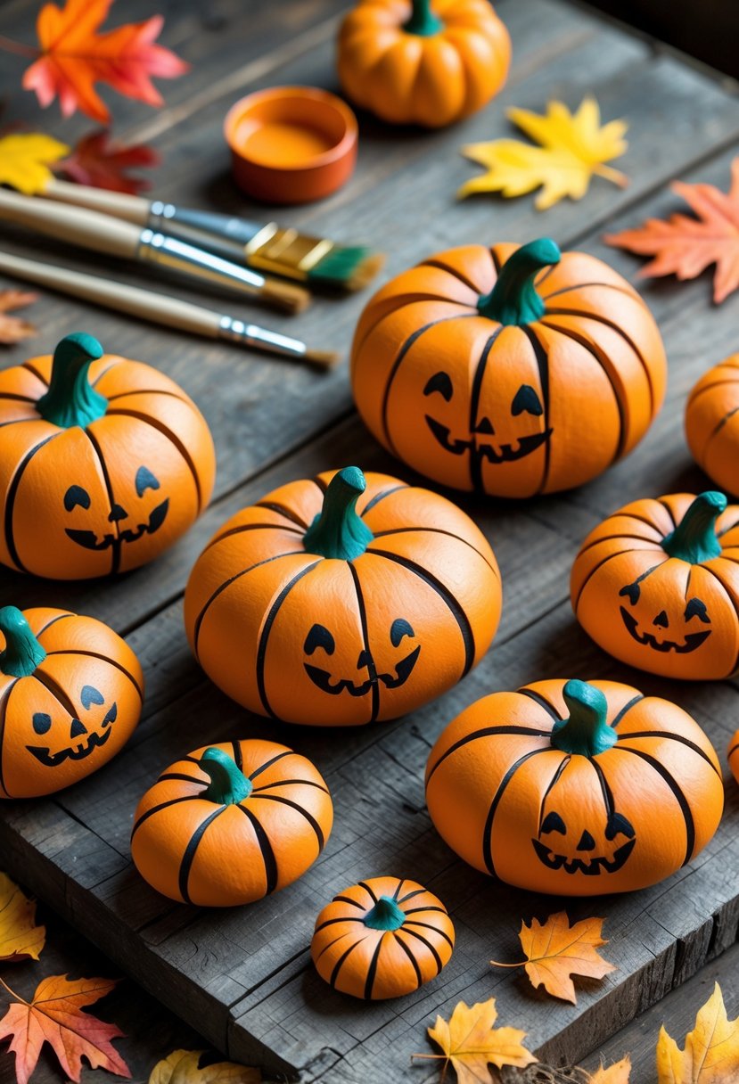 A collection of painted pumpkin rocks on a wooden surface surrounded by autumn leaves and craft supplies.