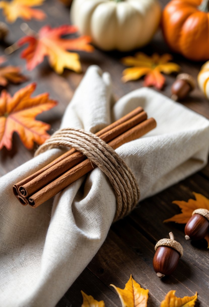 Close-up of cinnamon stick napkin rings on cream cloth napkins arranged on a wooden table with autumn leaves, small pumpkins, and acorns.