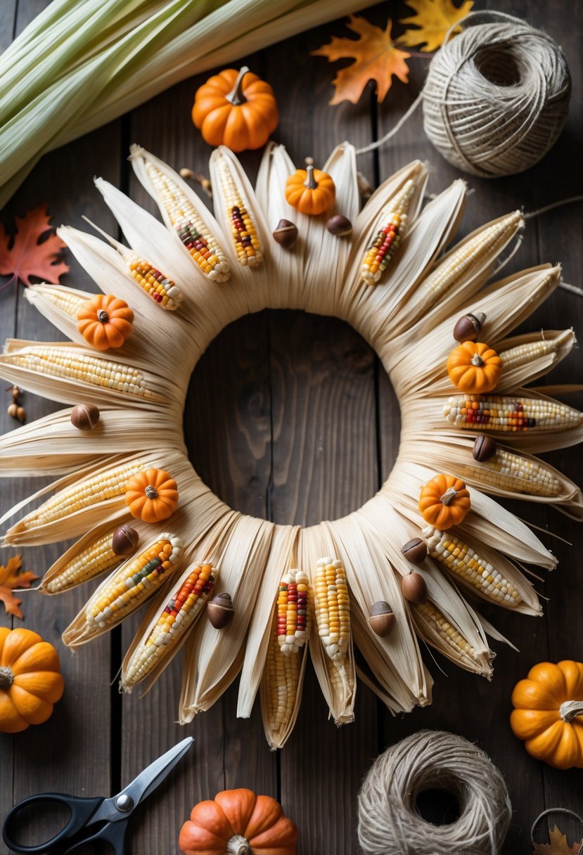A corn husk wreath decorated with small pumpkins and fall leaves on a wooden table surrounded by crafting materials.