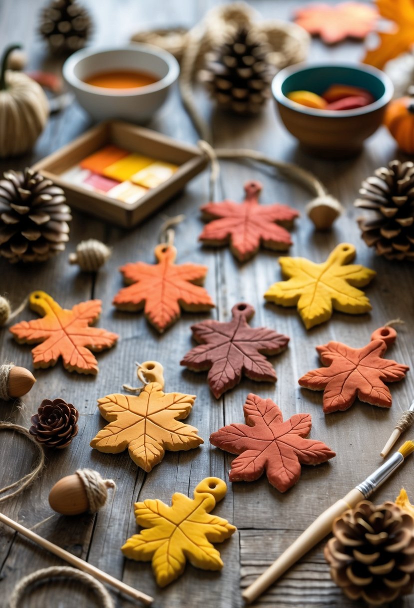 Salt dough leaf ornaments in fall colors arranged on a wooden table with paintbrushes, paint, twine, pinecones, and acorns.
