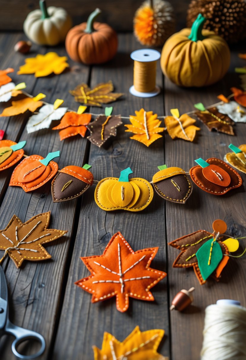 A colorful Thanksgiving garland made of fabric scraps hanging against a wooden background with crafting materials nearby.