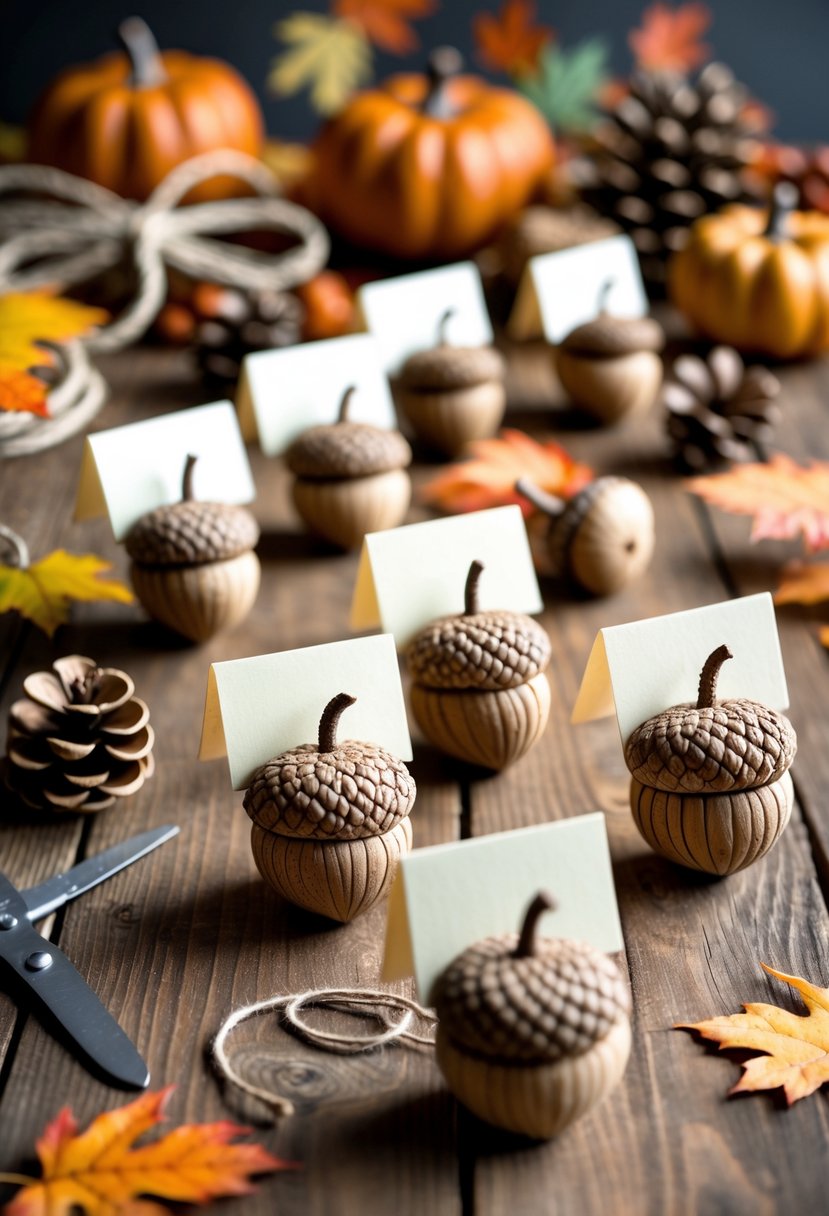 A collection of acorn place card holders on a wooden table surrounded by autumn leaves, pine cones, small pumpkins, and craft supplies.