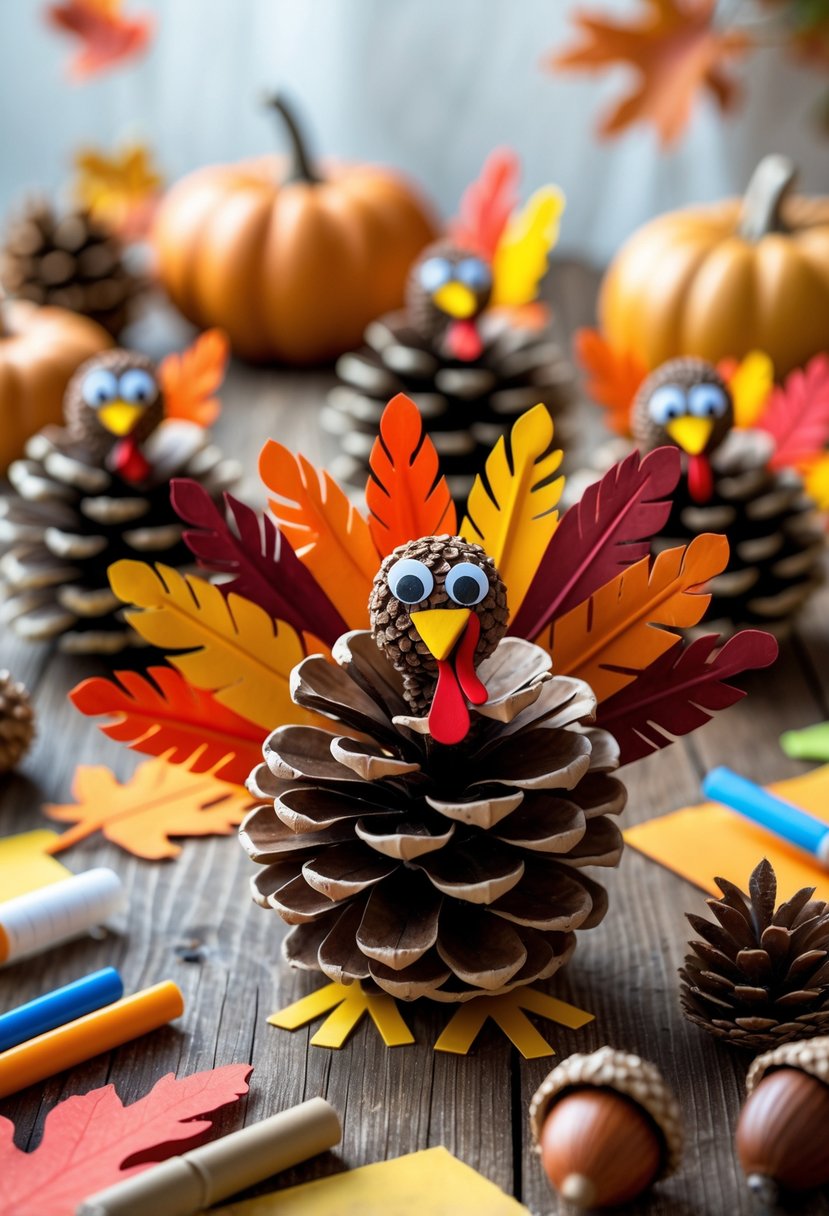 A table displaying handmade pinecone turkey figurines with colorful feathers, surrounded by craft supplies and autumn decorations.