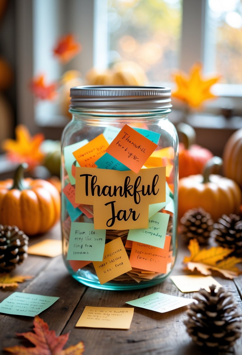 A glass jar filled with colorful handwritten notes on a wooden table surrounded by pumpkins, pinecones, and autumn leaves.