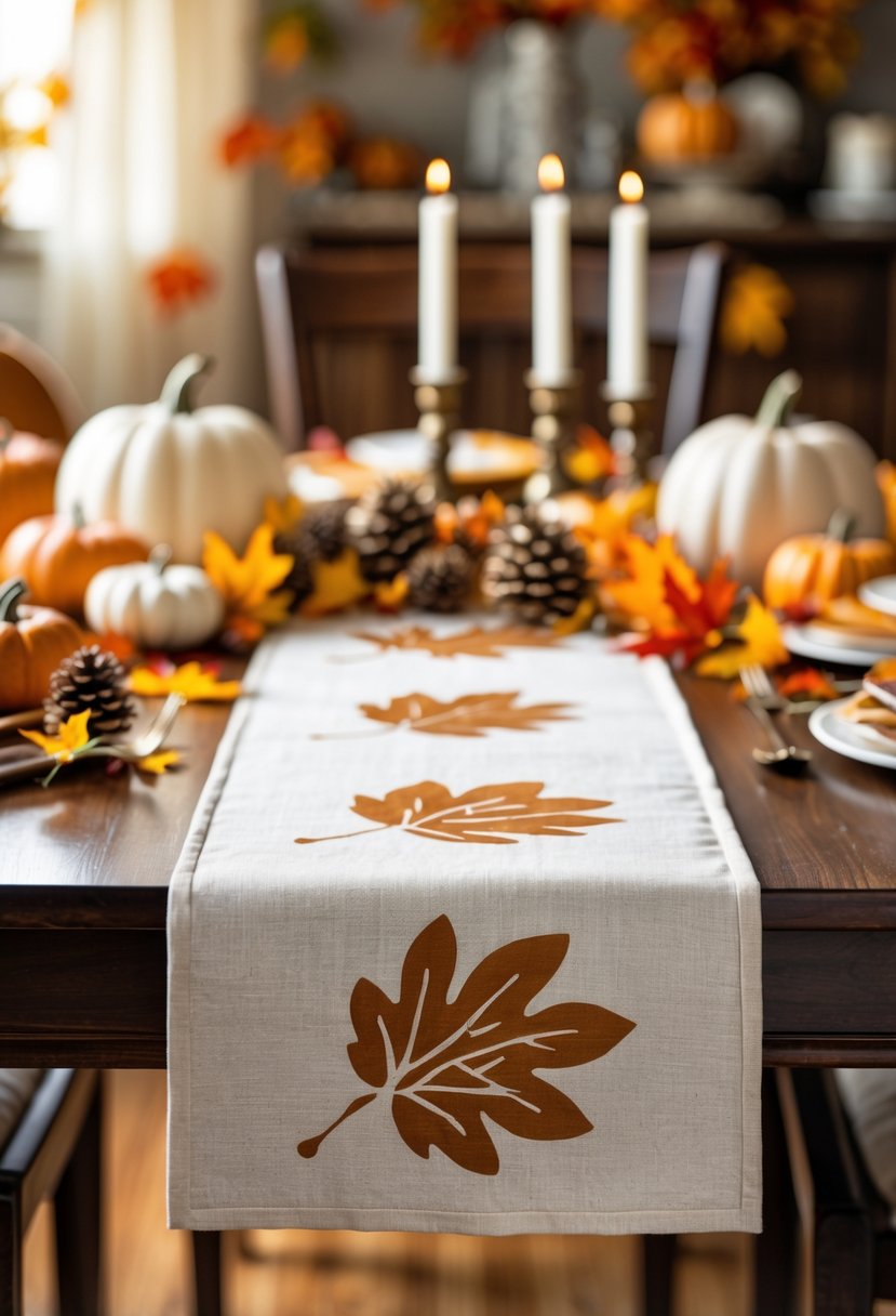 A Thanksgiving table with a leaf stencil table runner and autumn decorations including pumpkins and fall leaves.