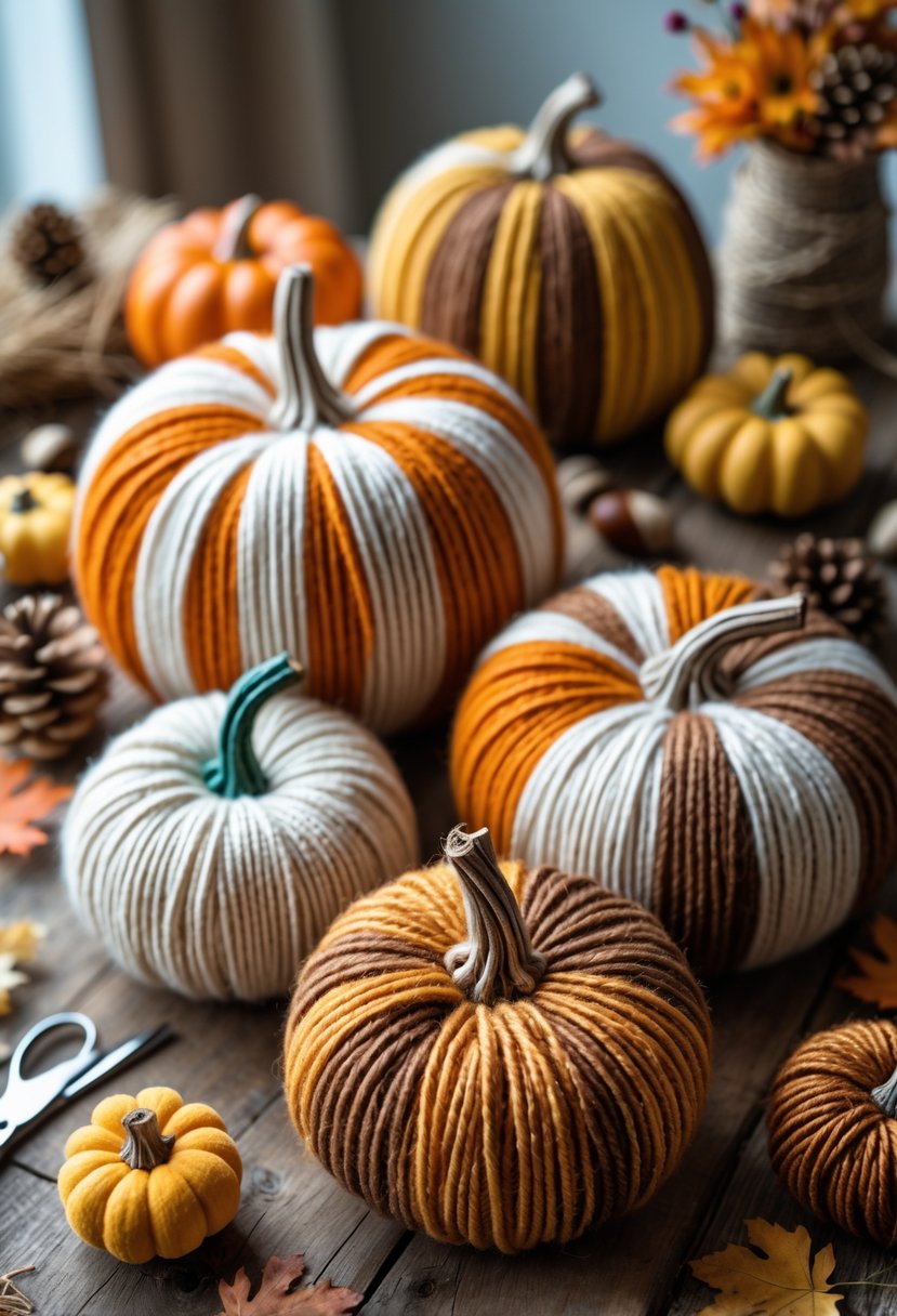 Several pumpkins wrapped in colorful yarn arranged on a wooden table with autumn craft supplies and fall decorations around them.