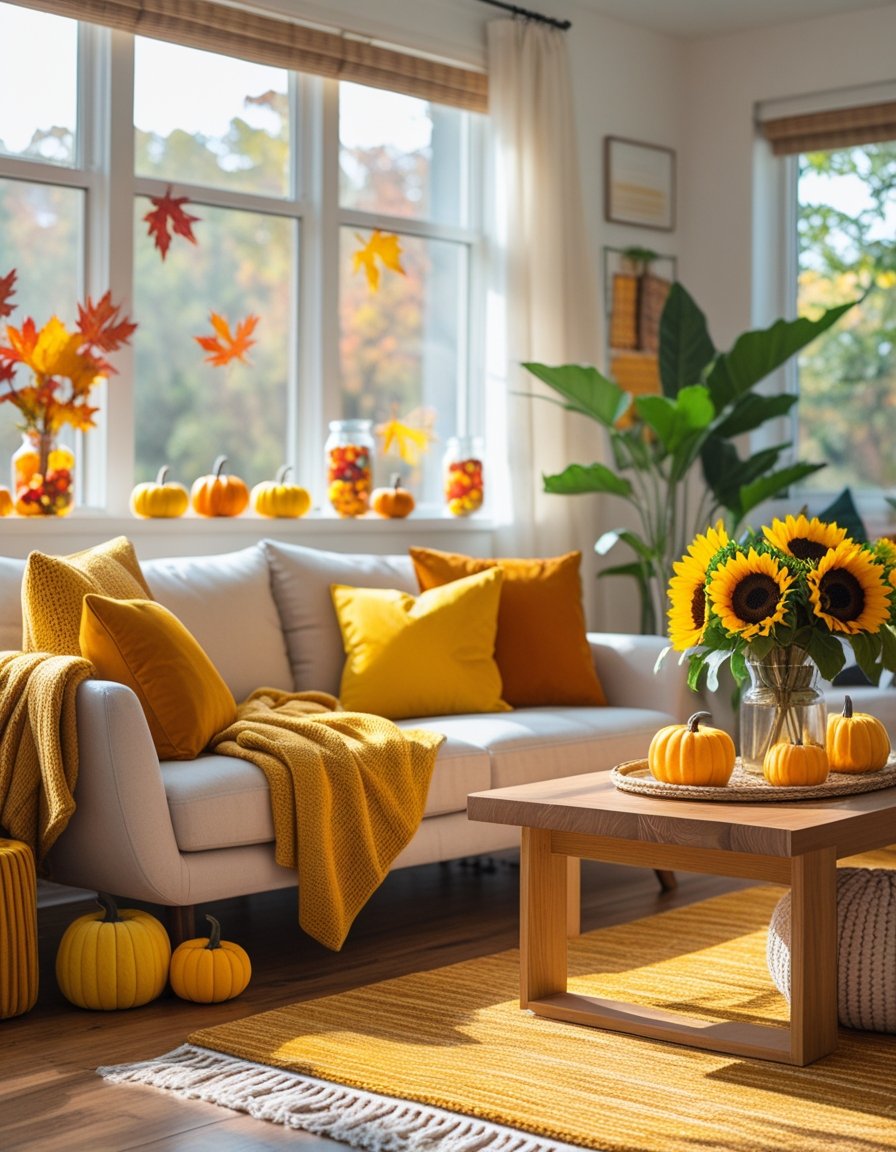 A bright living room with colorful pillows, a mustard blanket, sunflowers in a vase, small pumpkins, and autumn leaves on a coffee table, bathed in warm natural light.