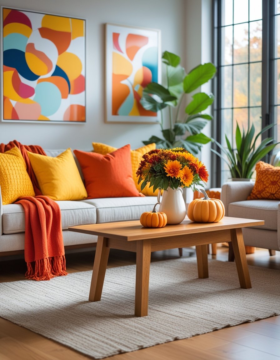A cozy living room with bright yellow and orange accents, colorful artwork, autumn flowers, and indoor plants, creating a warm and cheerful fall atmosphere.