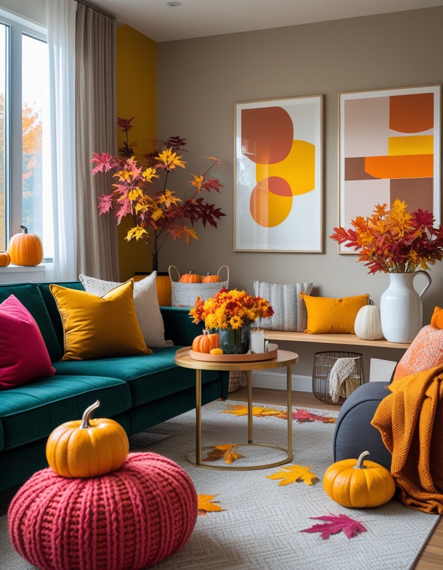 A cozy living room with a deep-colored sofa, bright throw pillows, autumn decorations, and warm natural light coming through large windows.