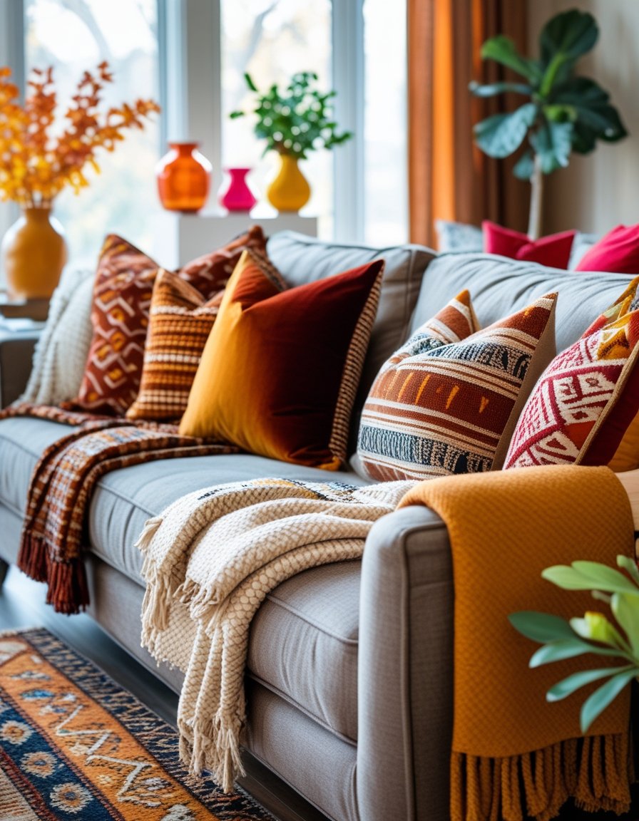 A cozy living room with patterned pillows, textured blankets, bright decorative accents, and natural light coming through large windows.