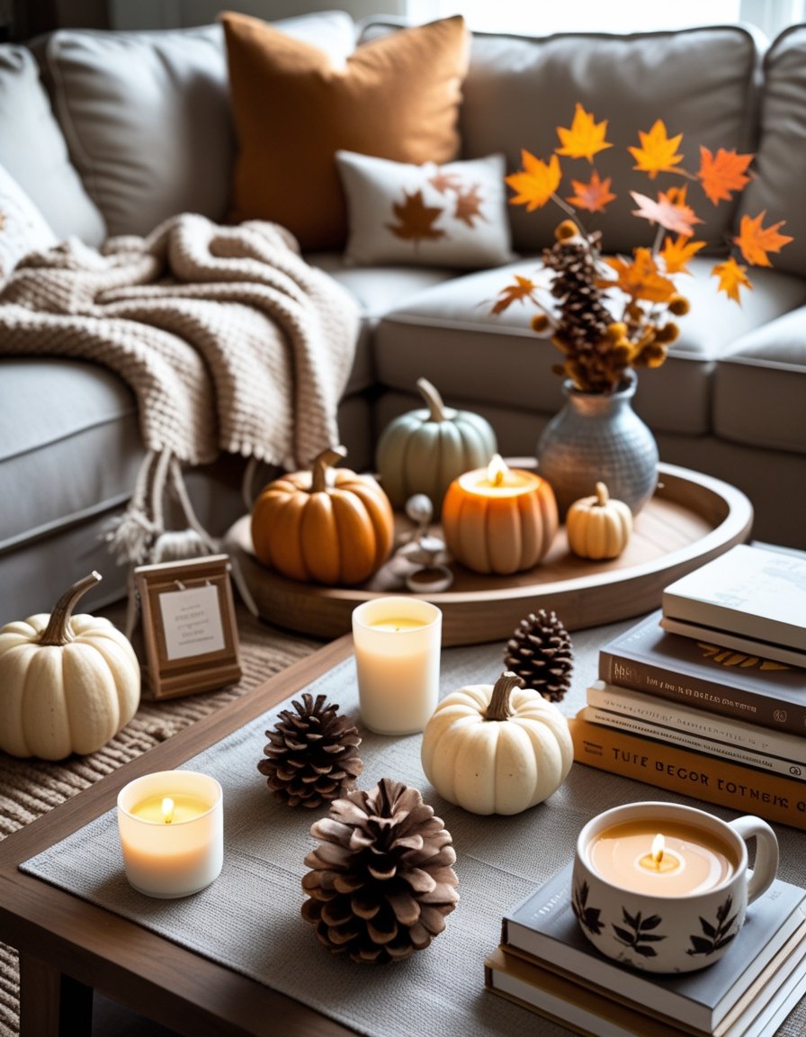 A cozy indoor scene with eight fall decor items arranged on a wooden table and nearby surfaces, including pumpkins, candles, autumn leaves, pinecones, a blanket, a mug, books, and a lantern.