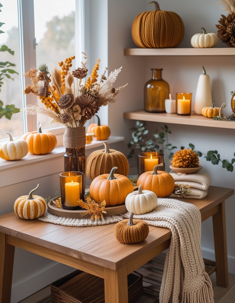 A cozy indoor scene with fall decorations including pumpkins, candles, vases, knit throws, and dried flowers arranged on a wooden table and shelves.