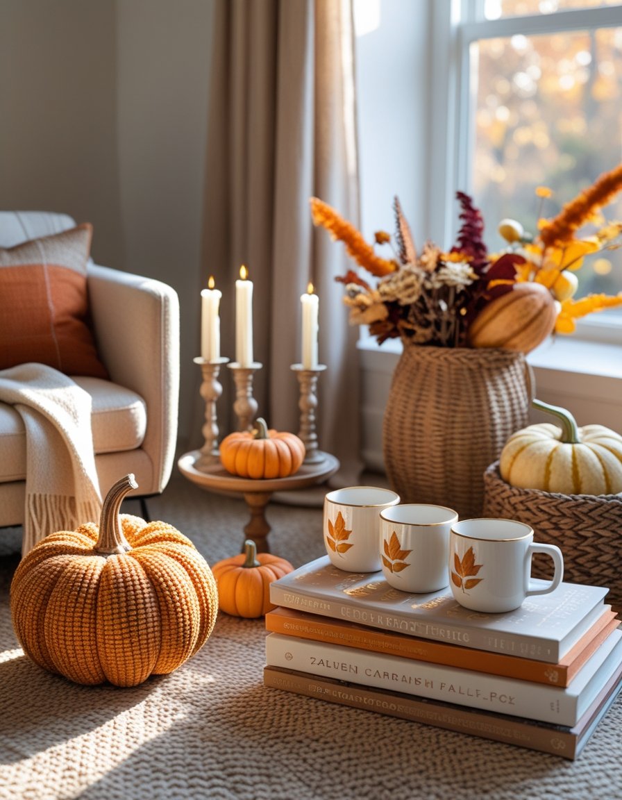 A cozy indoor scene displaying eight fall-themed decor items arranged on a table and chair, featuring pumpkins, candles, a basket of gourds, a throw blanket, dried flowers, ceramic mugs, and books.