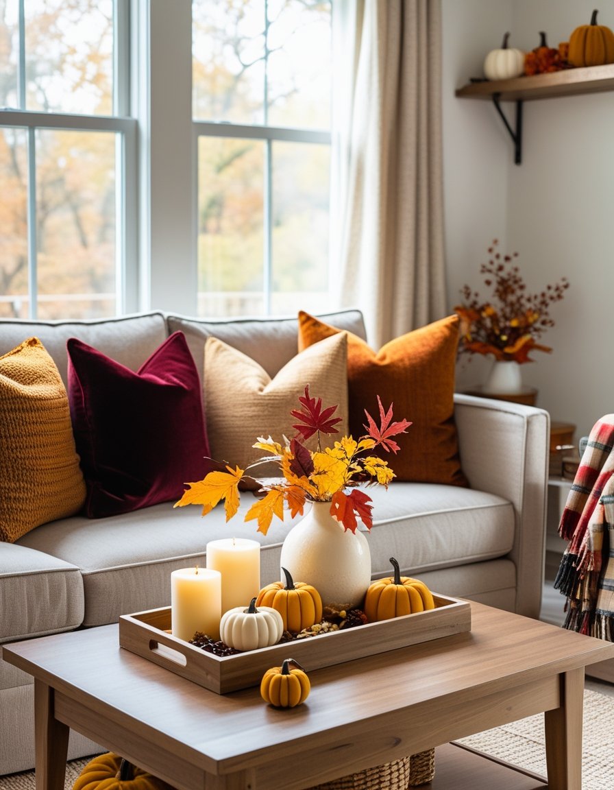 A cozy living room with fall decorations including pumpkins, candles, autumn leaves, and warm-colored pillows on a sofa.